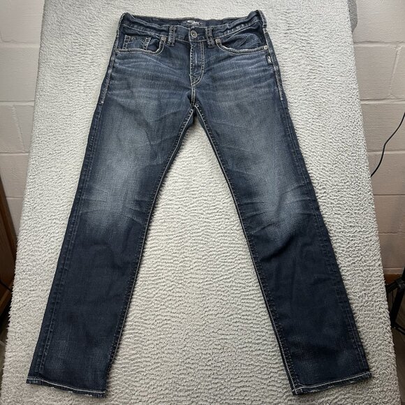 Silver Eddie Tapered Blue Jeans Size 32x32 Mens Denim Dark Wash - Picture 1 of 7